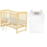 Set mobilier Babyneeds pentru copii: patut Ola din pin 120x60 cm, saltea cocos-burete-cocos de 10 cm si comoda Qmini cu masuta de infasat, alb/natur - 1