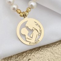 Colier Legatura Mama si Fiu - Pandantiv Disc & Sirag de Perle - Argint 925 placat cu Aur Galben 18K - 1