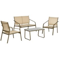 Set Mobilier de Gradina din 4 piese Outsunny, Salon in aer liber cu 2 Scaune, 1 Canapea si 1 Masuta de Cafea din Metal si Texteline, Kaki - 1