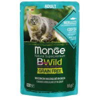 MONGE BWild, Cod și Creveți, plic hrană umedă fără cereale pisici, (în sos), 85g - 2