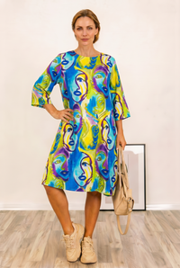 Rochie Midi A-line Vascoza cu Imprimeu Stilizat pe Fundal Albastru - 1