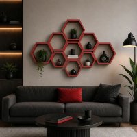 Set 9 rafturi perete Hexa Culoare roşu ,Homs,Seia A620,lemn natur - 1