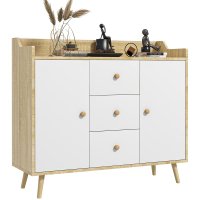 HOMCOM Bufet de bucatarie cu 3 sertare si 2 dulapuri cu rafturi, PAL si lemn de pin, 90 x 32 x 80 cm, alb - 1