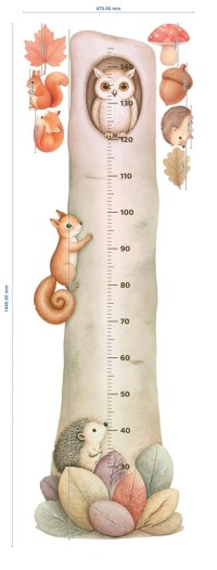 Metru de crestere pentru copii Copacul cu bufnita, autocolant textil Premium repozitionabil, 47x142 cm - 2