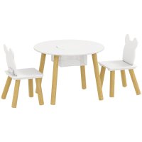 AIYAPLAY Set Masa si 2 Scaune pentru Copii, Spatar Ursulet, Alb cu Depozitare | Aosom Romania - 1