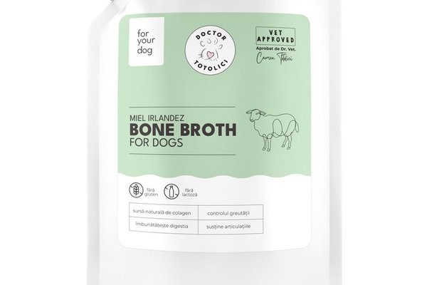 Supa de oase de miel irlandez pentru caini Doctor Totolici, cu dop resigilabil, 350 ml
