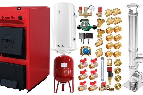 Centrala pe combustibil solid Fornello T-PRO 35 kW - Pachet complet cu cos inox, boiler si accesorii