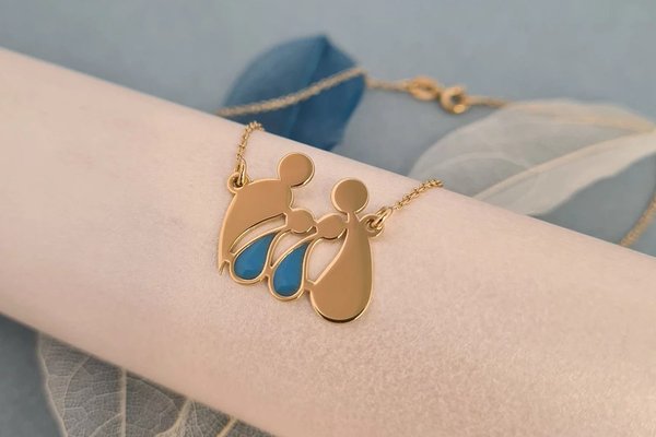 Colier personalizat decorat cu email albastru- Familia 4 membri în formă de picături - Argint 925 placat cu Aur Galben de 18K