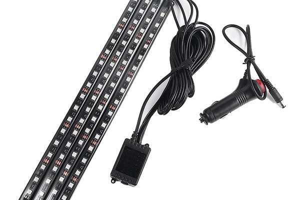 Set 4 benzi LED RGB pentru iluminare ambientala auto, 9 LED-uri pe banda, telecomanda si alimentare 12 V