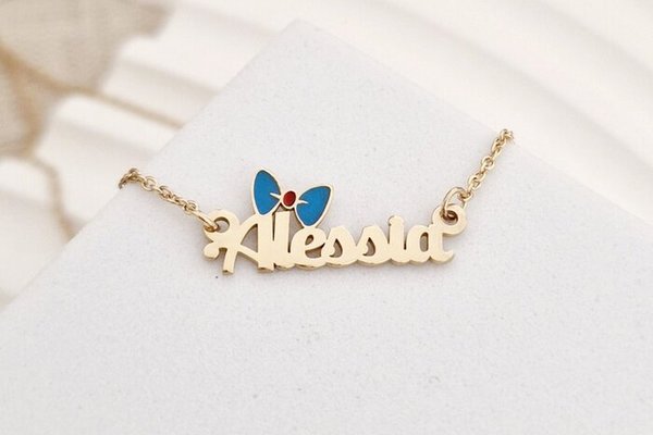 Lantisor personalizat cu Nume si Fundita colorata cu email - Argint 925 placat cu Aur Galben 18K