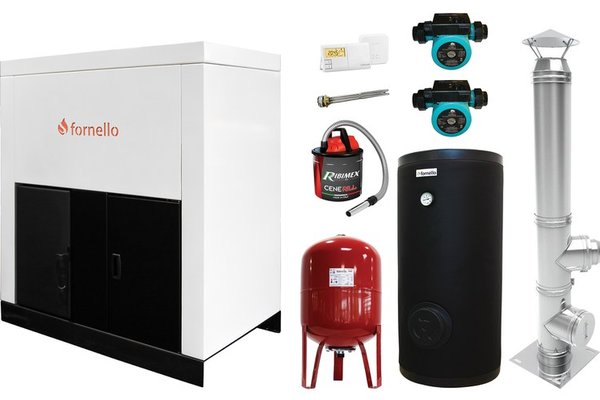 Pachet centrala pe peleti Fornello Eco Energy 35 kW cu pompe, boiler, cos inox, termostat si aspirator de cenusa