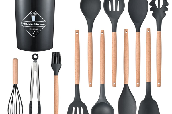 Set 12 ustensile de bucatarie Lemn/Silicon Negru