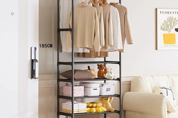 Suport multifunctional pentru haine si incaltaminte cu 5 rafturi si bara de umerase, 185x56x30 cm