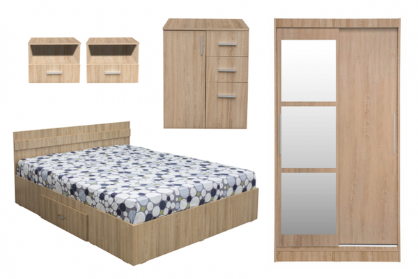 Set dormitor ALMA, 5 piese, pat 160x200 cm, dulap usi glisante cu oglinda, comoda, 2 noptiere, sonoma
