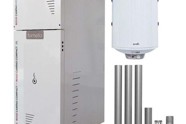 Pachet Centrala termica compacta pe peleti Fornello Rossi Camino Compact 25 kw, pompa de circulatie, vas expansiune, tiraj fortat, Ecodesign, A+, Boiler Termoelectric Fornello 100l si kit evacuare 80 mm, 3,5 metri