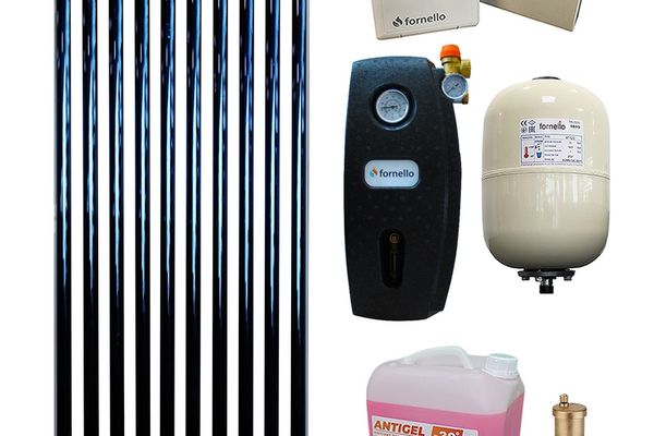 Pachet Panou solar presurizat cu tuburi vidate Heat Pipe Fornello 10 tuburi, destinat producerii de apa calda menajera, controller, vas expansiune, grup pompare, aerisitor 1/2, antigel