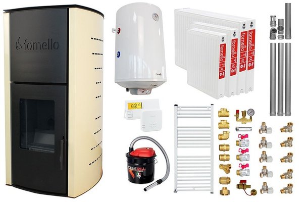 Pachet Termosemineu pe peleti Fornello Royal Ivory 18 kW, complet echipat cu pompa, vas expansiune, automatizare, culoare crem, Boiler, kit evacuare 3.5 ml, Termostat Salus 091FLRFV2 Aspirator Cenusa, Calorifere si Fitinguri