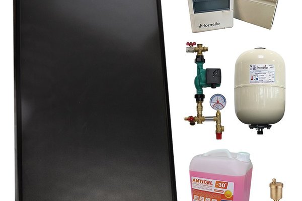 Pachet sistem solar presurizat fara boiler, Panou solar plan Fornello 2.0 m² SPFP, grup pompare, controller, vas expansiune, antigel, aerisitor 1/2