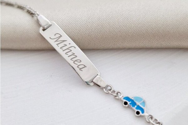Bratara bebe - Placuta cu nume - Masinuta colorata si lantisor - Argint 925 Rodiat