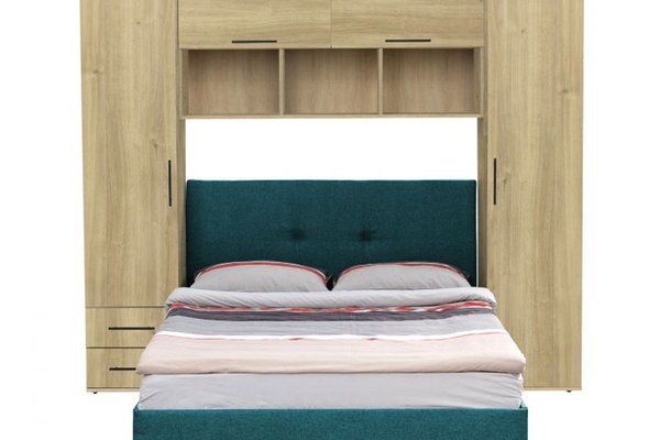 Set dormitor tineret YASMIN M1, 3 corpuri, stejar Belfast , 238x50x200 cm + Pat tapitat ECONO I, turcoaz, 140x200 cm
