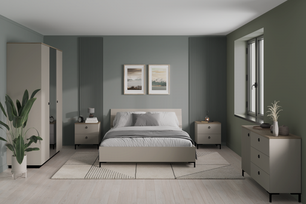 Set dormitor DOMINICA, 5 piese, pat cu somiera rabatabila 160x200 cm, dulap 3 usi cu oglinda, comoda, 2 noptiere, taupe + stejar silverjack