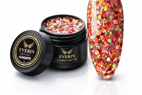 Twinkle Color Gel EVERIN 5ml – 12 | Gel Color Roșu-Cupru cu Sclipici Holografic Multicolor pentru Manichiură Profesională