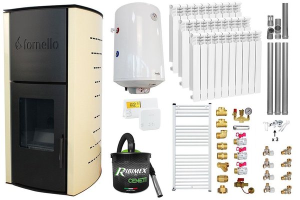 Pachet Termosemineu pe peleti Fornello Michelle 12 kW, echipat cu pompa, vas expansiune, automatizare, Calorifere aluminiu, Boiler, kit evacuare 3.5 ml, Aspirator Cenusa, Termostat Salus 091FLRFV2 si Fitinguri