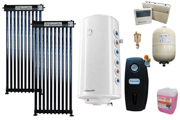 Pachet premium solar presurizat, panou Fornello 20 Tuburi Heat Pipe, Boiler cu 2 serpentine Fornello Optima GCV7/4S 150 l, controller, vas expansiune, grup pompare, aerisitor 1/2, antigel