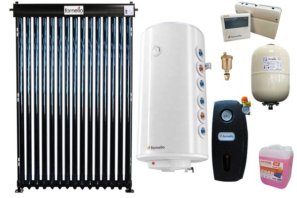 Pachet premium sistem solar presurizat, panou Fornello 15 Tuburi Heat Pipe, Boiler cu 2 serpentine Fornello Optima GCV7/4S 150 l, controller, vas expansiune, grup pompare, aerisitor 1/2, antigel