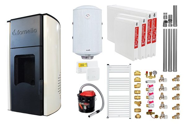 Pachet Termosemineu peleti Fornello Royal Ivory 25 kw, complet echipat, pompa circulatie, vas expansiune, automatizare, kit evacuare 3.5 ml, Boiler Termoelectric Fornello 100 l, Termostat Salus 091FLRFV2, Aspirator, Calorifere si kit montaj