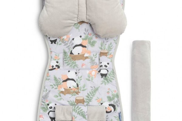 Set Saltea,Pernuta fluture,Protectii centuri si bara protectie pentru carucior copii Sensillo Panda and Fox,Compatibilitate universala,Reversibil,Material Fleece premiumBumbac,Umplutura antialergica,Orificii pentru centuri