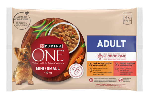 PURINA ONE MINI Adult, pui, morcovi si fasole verde/ cu vita, cartofi si mazare, in sos, 4x85 g