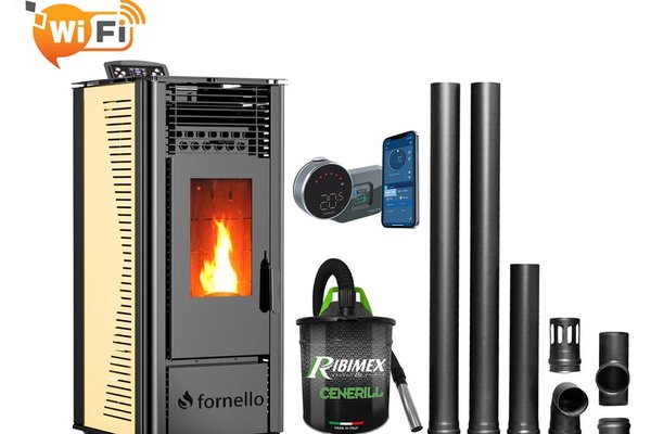Sistem complet de incalzire cu control Wi-Fi - Semineu pe peleti Fornello SOPHIA 11 kW, termostat Salus IT 800, aspirator si kit de evacuare