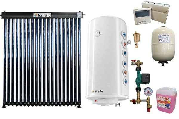 Pachet sistem solar presurizat, panou Fornello 20 Tuburi Heat Pipe, Boiler cu 2 serpentine Fornello Optima GCV7/4S 150 l, controller, vas expansiune, grup pompare, aerisitor 1/2, antigel
