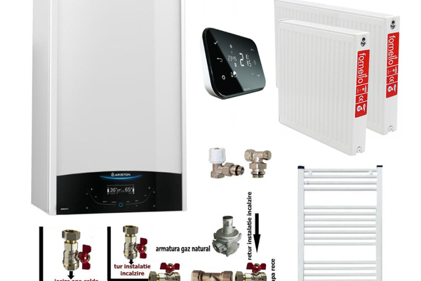 Pachet apartament cu o camera, centrala termica murala in condensare Ariston Genus One+ 24, Gaz, 24 kW, kit de evacuare inclus, termostat Salus IT 500, calorifere otel, kit armaturi centrala, robineti calorifere