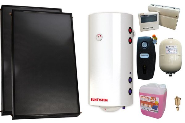 Pachet premium sistem solar presurizat, 2 x Panou solar plan Fornello 2.0 m² SPFP, Boiler cu 2 serpentine si rezistenta electrica Sunsystem BB NL2 150 PRL 3KW, grup pompare, controller, vas expansiune, antigel, aerisitor 1/2