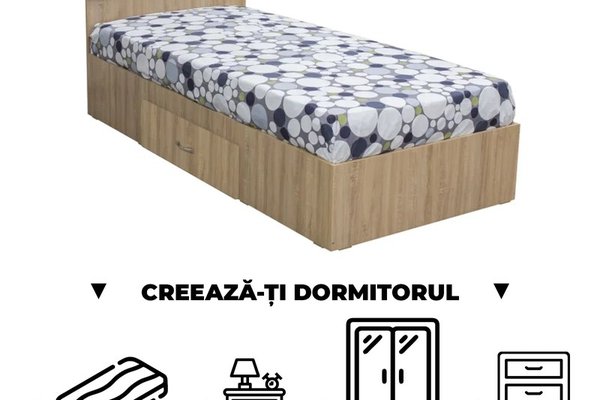 Creeaza-ti Dormitorul ALMA, sonoma deschis, de la Pat cu sertar Alma 120x200 cm, adauga Saltea, Noptiere, Comoda, Dulap