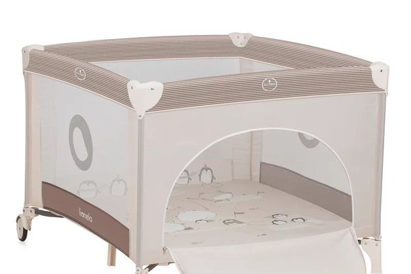 Tarc de joaca Lionelo Bonnie, 100 x 100 cm, pentru copii pana la 15 kg, cu saltea T25, plasa aerisita si intrare cu fermoar, bej