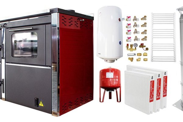 Pachet incalzire si apa calda pentru 2 camere cu termosemineu FORNELLO STAR Red 34 kW, boiler 100 l si calorifere