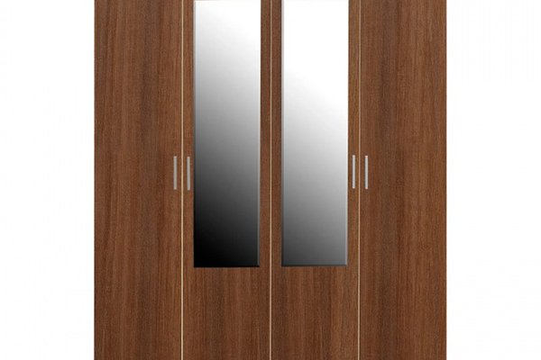 Dulap CORINNE, oglinzi, 4 usi, 4 rafturi, bara de haine, nuc, cant vanilie, 160x50x188 cm