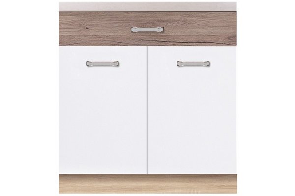 Corp inferior + front 80 ECO-6D, cu sertar si 2 usi, corp stejar sonoma, fronturi alb lucios + stejar sanremo, 80x51x82 cm