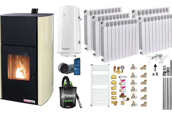 Pachet complet pentru incalzire, Termosemineu pe peleti Fornello Fiama Confort 25 kw, Calorifere aluminiu, Boiler, Termostat si Aspirator