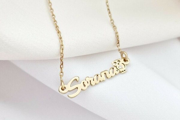Lantisor personalizat cu Nume si Bufnita decorata cu Diamant natural - Argint 925 placat cu Aur Galben 18K
