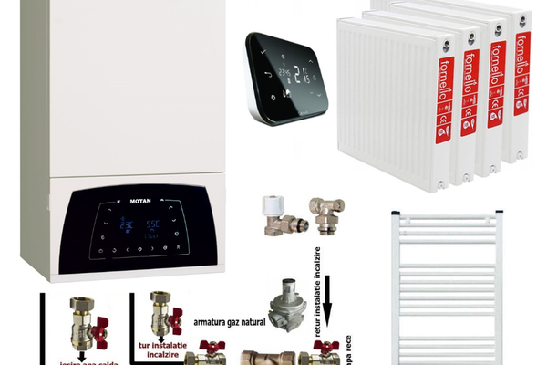 Pachet apartament cu 3 camere, centrala termica Motan Condens Plus 100 25 kW, condensatie, termostat Salus IT 500, kit evacuare inclus, calorifere otel, kit armaturi centrala, robineti calorifer