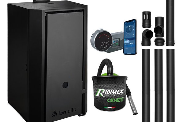 Pachet centrala pe peleti Fornello EVA B Black 30 kW, cu kit evacuare, termostat Salus IT800 si aspirator, negru