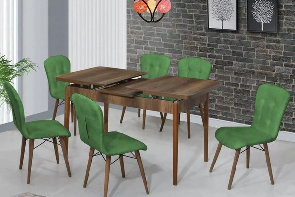 Set masa extensibila cu 6 scaune tapitate Homs cristal  nuc-verde 170 x 80 cm