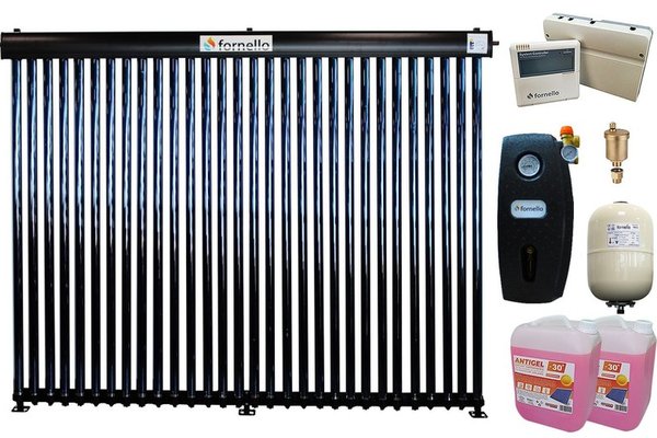 Pachet Panou solar presurizat cu tuburi vidate Heat Pipe Fornello 30 tuburi, destinat producerii de apa calda menajera, controller, vas expansiune, grup pompare, aerisitor 1/2, antigel