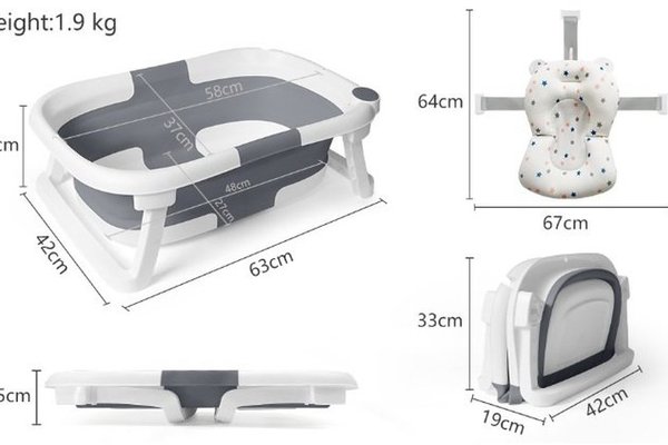 Cadita bebelusi ultrapliabila Little Mom grey, cu pernuta moale plutitoare, termometru cu display digital incorporat, dop pentru evacuarea apei, suport cap de dus, antiderapant, material non-toxic