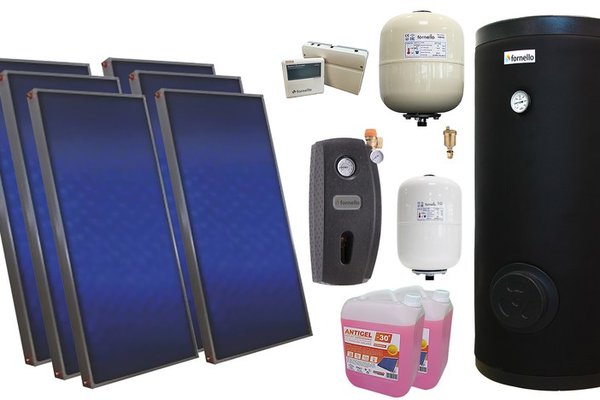 Pachet solar premium, presurizat, 6x panou plan Sunsystem PК SL FP 2.0, Boiler cu 2 serpentine Fornello SOL 500 LT 2S, controller, vas expansiune solar, vas expansiune sanitar, grup pompare Fornello (pompa OHI), aerisitor 1/2, antigel