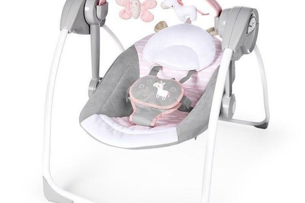 Balansoar electric bebelusi, Ingenuity, Comfort 2 Go, Flora the Unicorn, 2 pozitii inclinare, 12 melodii, Temporizator 30/45/60 min, Centura siguranta 5 puncte, Pliabil pentru calatorii, Fara BPA, 0-9 luni, Roz
